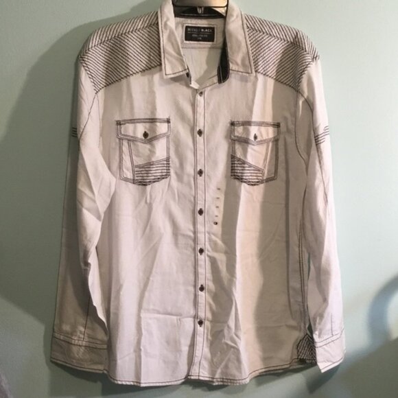 Buckle White Button-Up Shirt with Black Accents - Picture 1 of 11